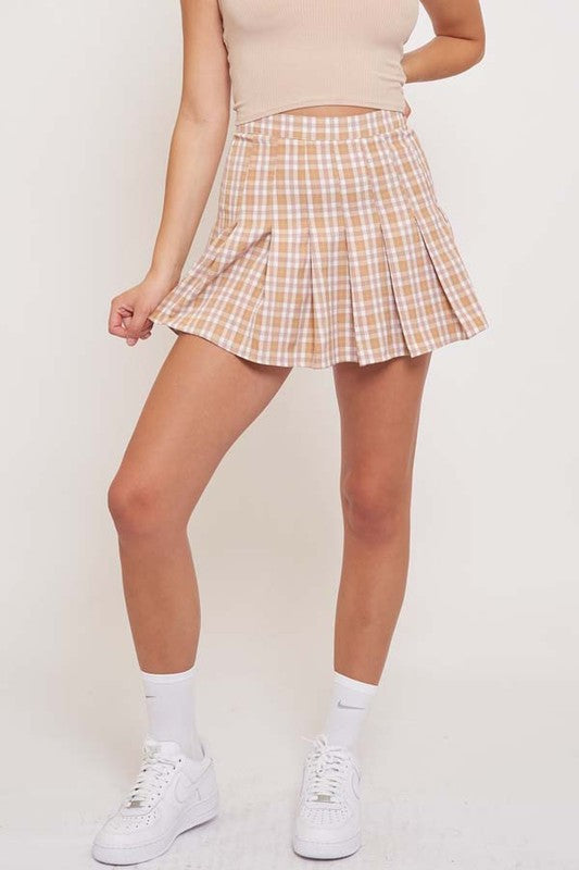 Checkered A Line Skirt - Taupe
