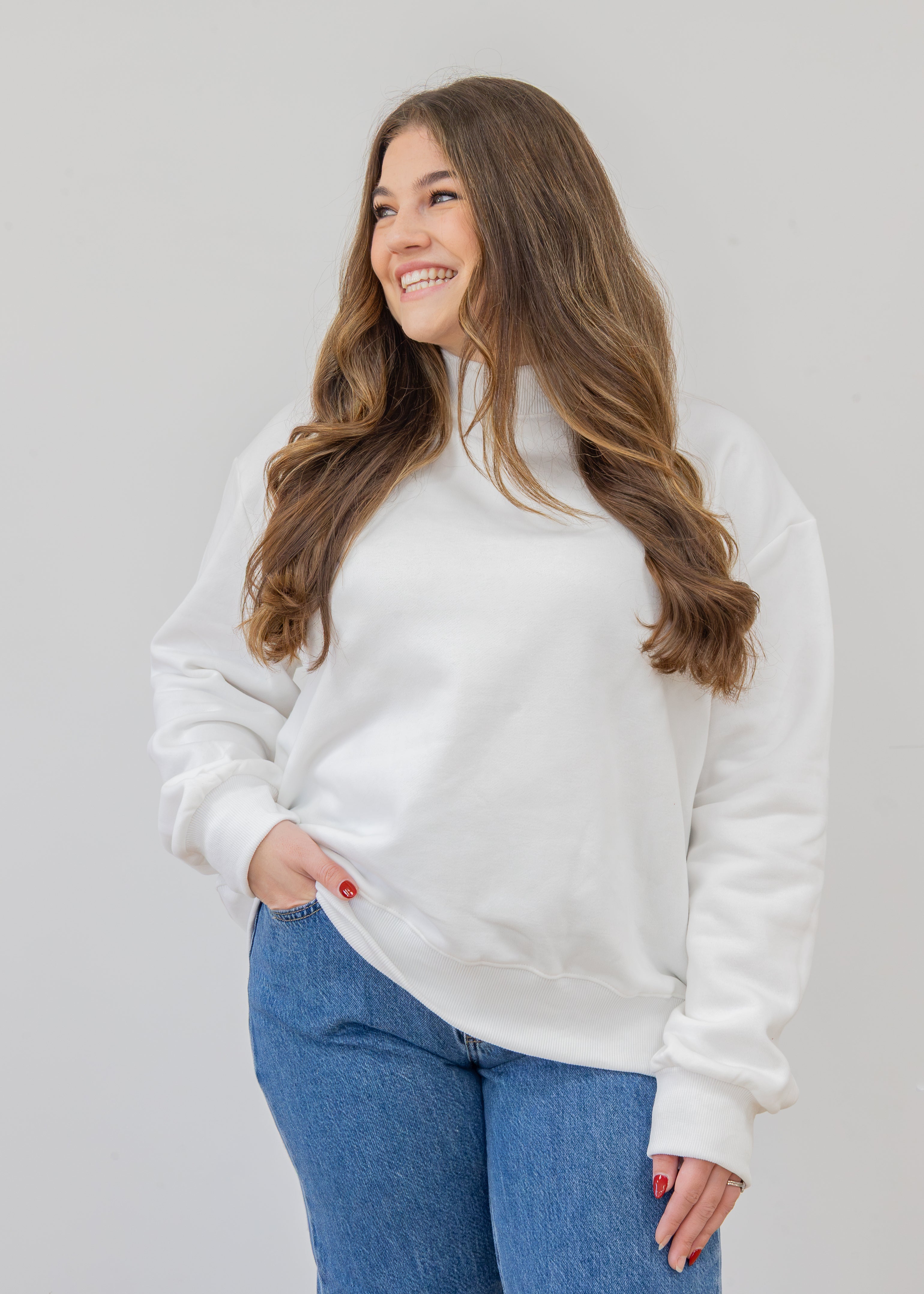model in l/xl marshmallow mock neck