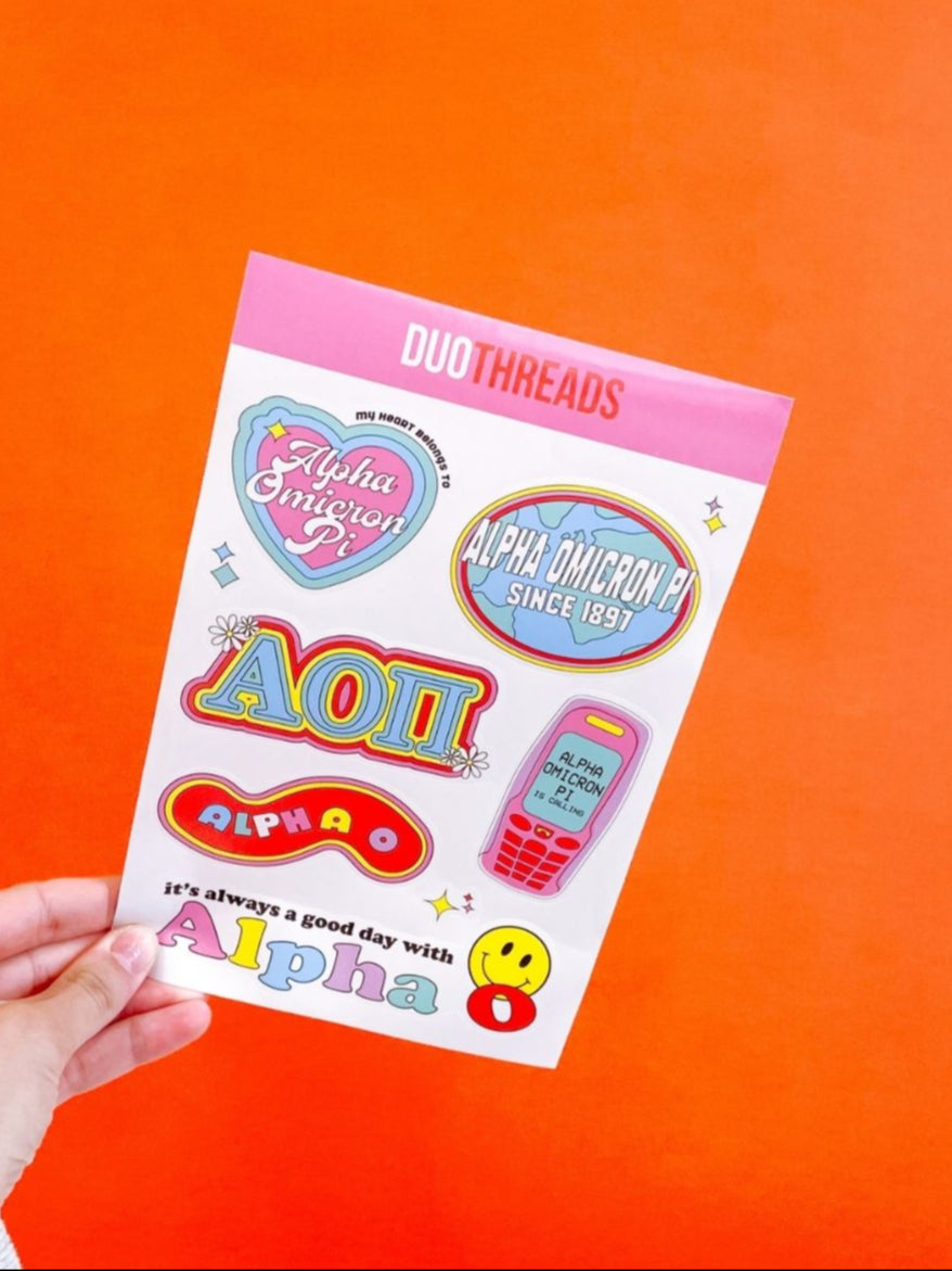 Alpha Omicron Pi Sorority Y2K Sticker Sheet