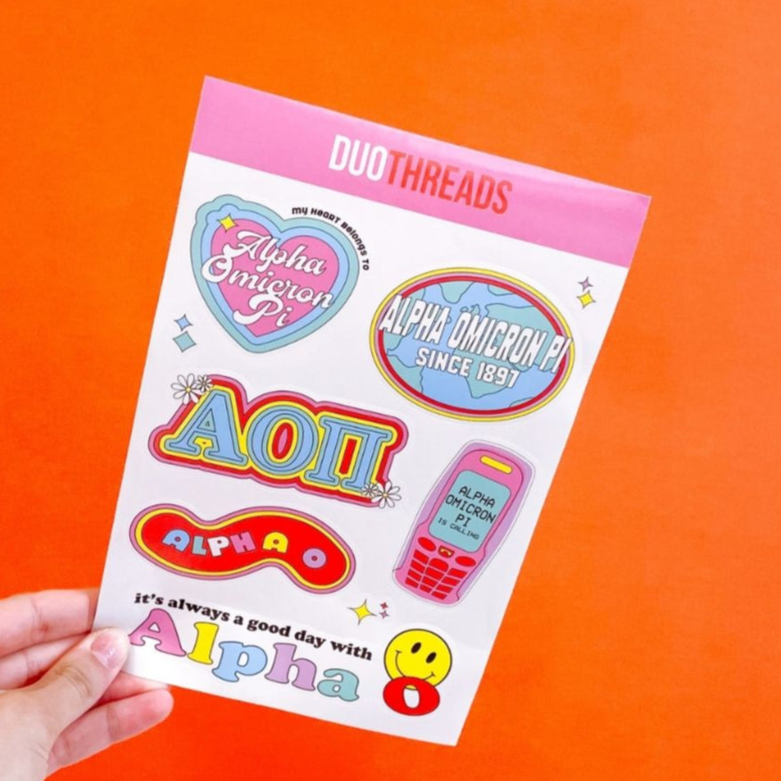 Alpha Omicron Pi Sorority Y2K Sticker Sheet