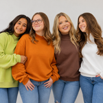 Model on left is wearing a matcha colored mock neck in size s/m model in pumpkin is wearing a size s/m model in espresso is wearing 2xl model in marshmallow is wearing a l/xl