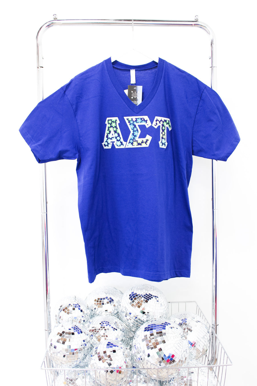 Alpha Sigma Tau Embroidered Letter V-Neck Tee - XL BLUE