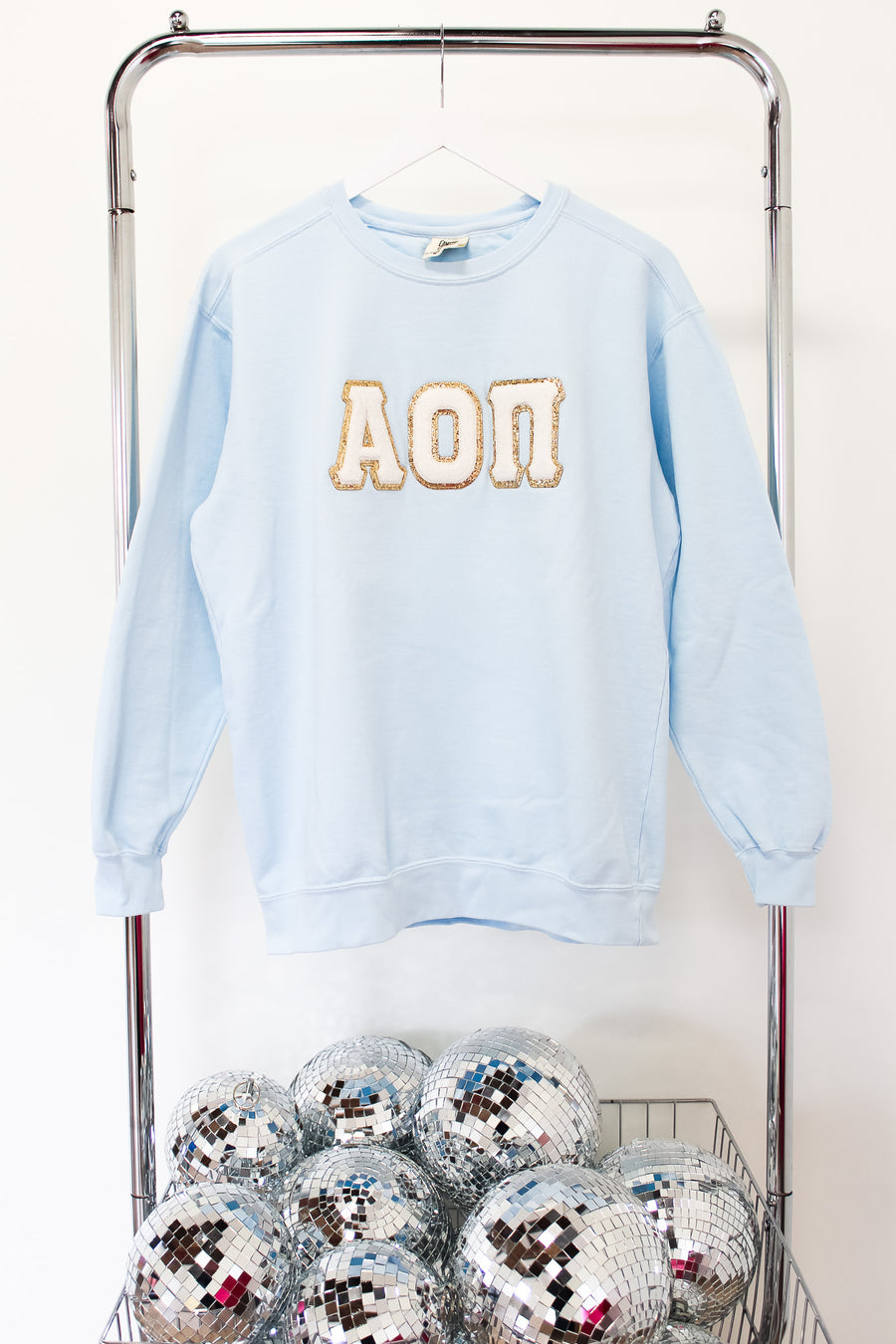 Alpha Omicron Pi Chenille Embroidered Letter Crew - MD CHAMBRAY