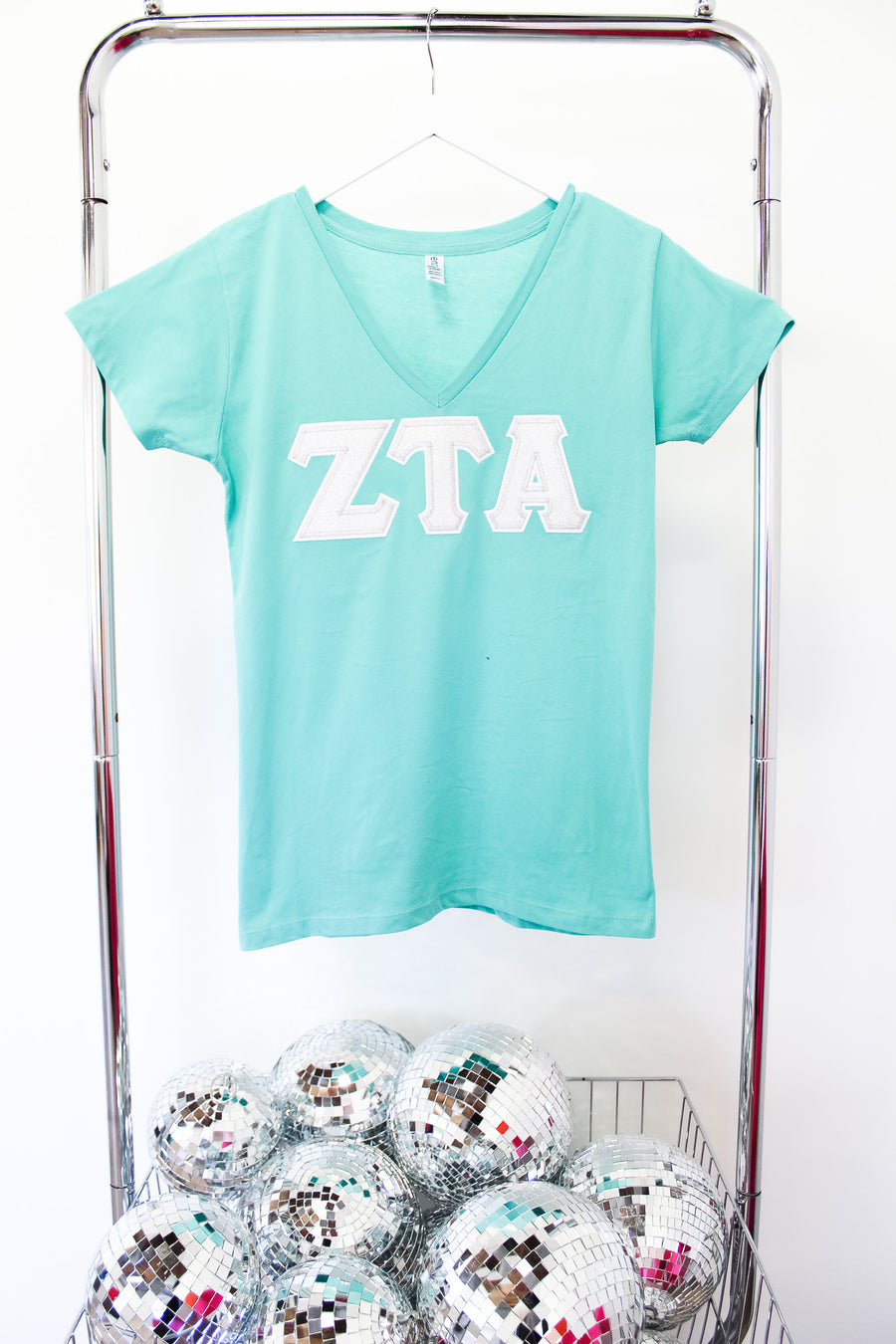 Zeta Tau Alpha Embroidered Letter V-Neck Tee - TEAL
