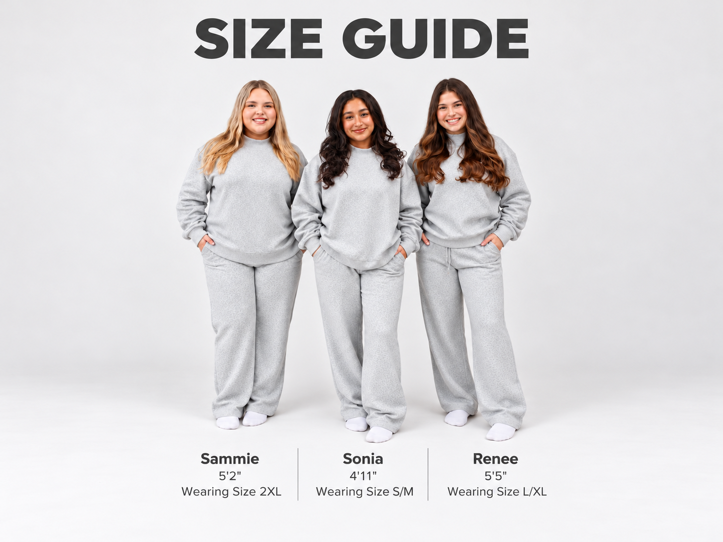 size guide of 3 models in ash sweat pants varying sizes