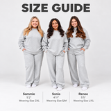 size guide of 3 models in ash sweat pants varying sizes
