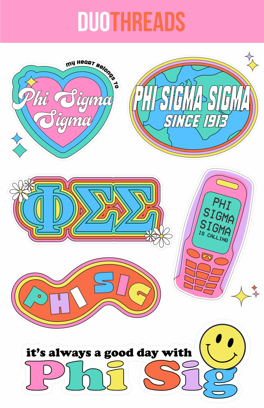 Phi Sigma Sigma Sorority Y2K Sticker Sheet