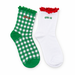 Alpha Chi Omega Gingham & Grace sorority sock set with gingham and white ruffle socks featuring embroidered Alpha Chi Omega lettering.
