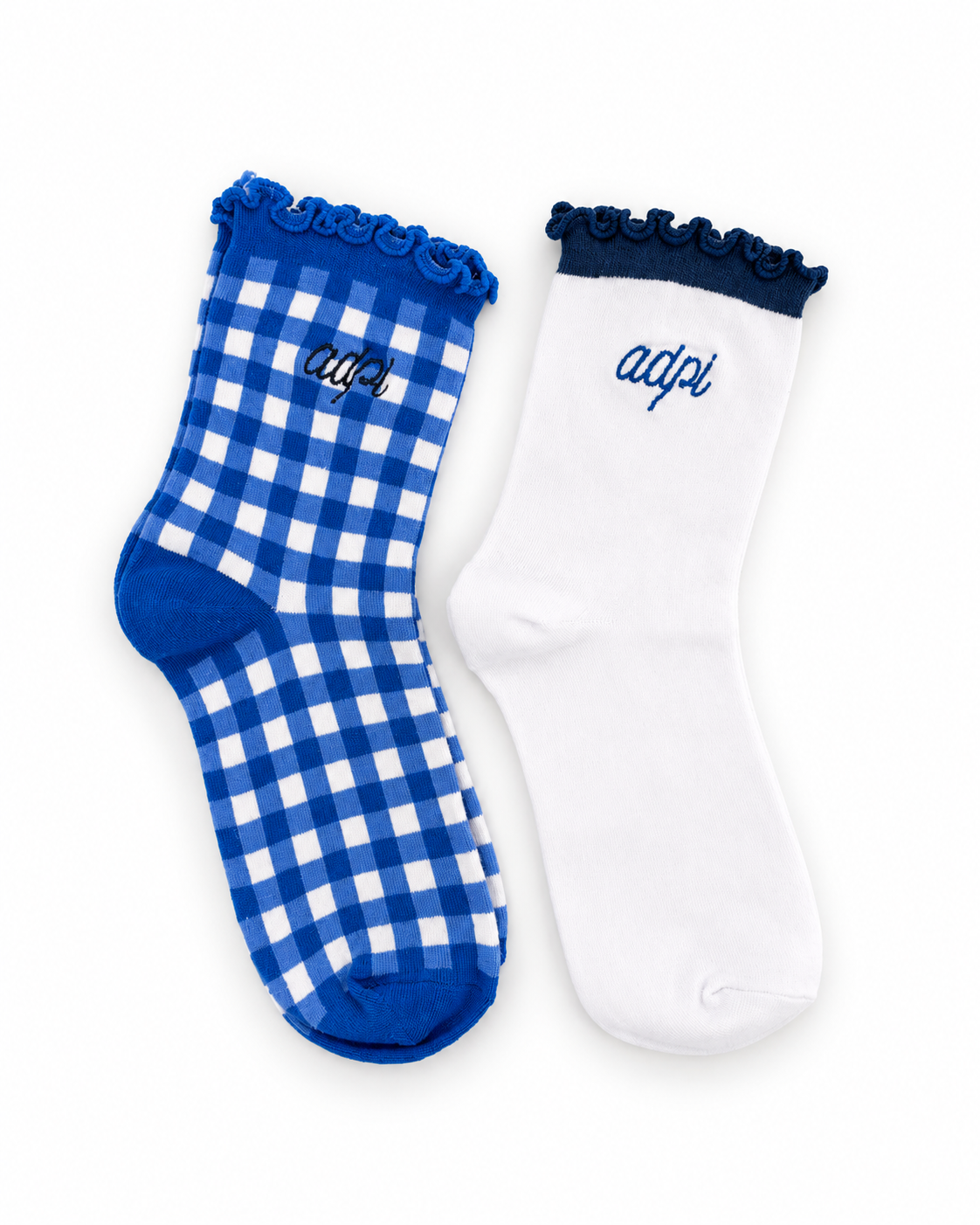 Alpha Delta Pi Gingham & Grace sorority sock set with gingham and white ruffle socks featuring embroidered Alpha Delta Pi lettering.