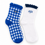 Alpha Delta Pi Gingham & Grace sorority sock set with gingham and white ruffle socks featuring embroidered Alpha Delta Pi lettering.