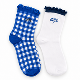 Alpha Delta Pi Gingham & Grace sorority sock set with gingham and white ruffle socks featuring embroidered Alpha Delta Pi lettering.