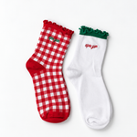 Alpha Gamma Delta Gingham & Grace sorority sock set with gingham and white ruffle socks featuring embroidered Alpha Gamma Delta lettering. Red white and green