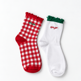 Alpha Gamma Delta Gingham & Grace sorority sock set with gingham and white ruffle socks featuring embroidered Alpha Gamma Delta lettering. Red white and green