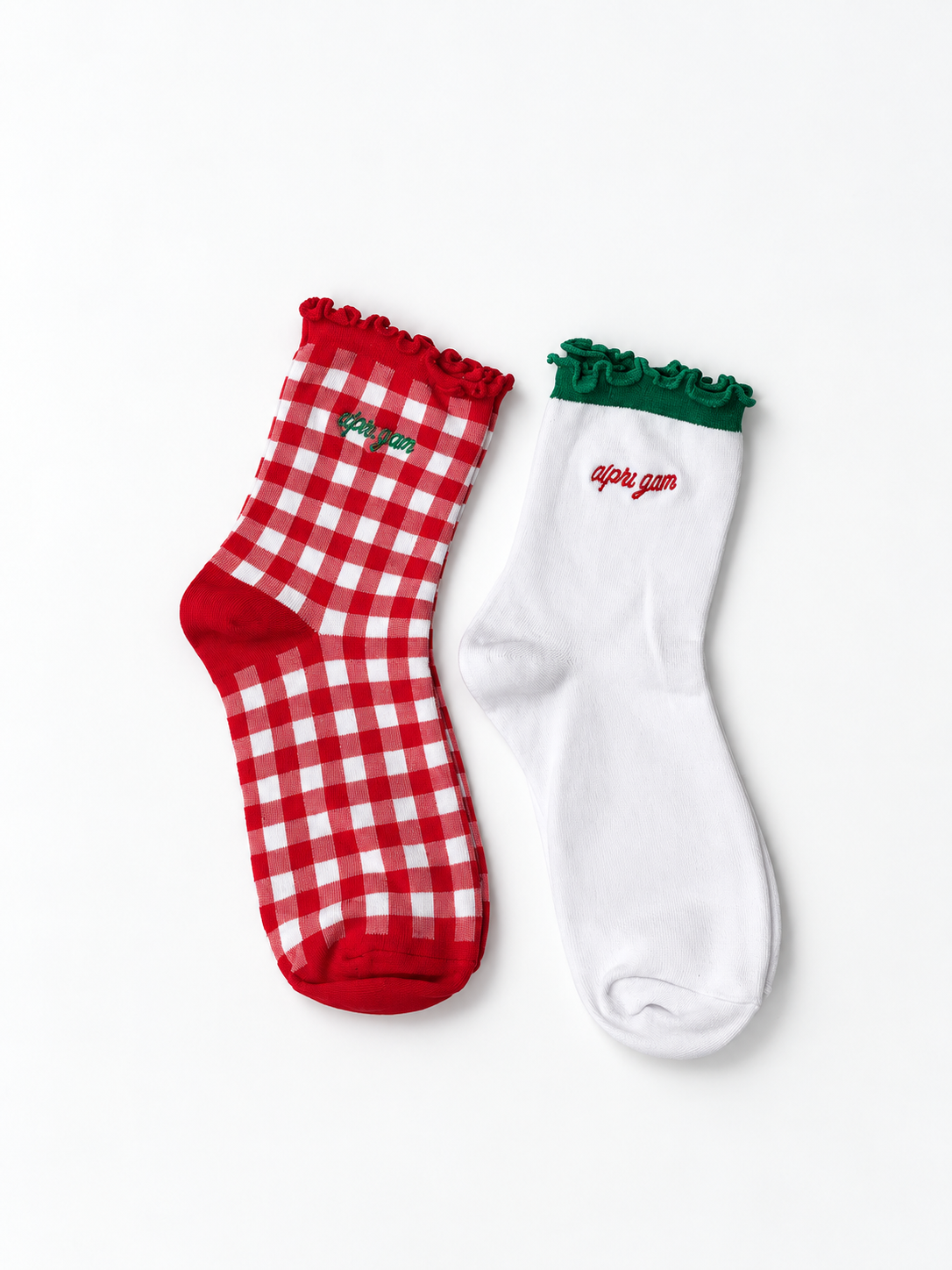 Alpha Gamma Delta Gingham & Grace sorority sock set with gingham and white ruffle socks featuring embroidered Alpha Gamma Delta lettering. Red white and green