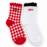 Alpha Omicron Pi Gingham & Grace sorority sock set with gingham and white ruffle socks featuring embroidered Alpha Omicron Pi lettering.