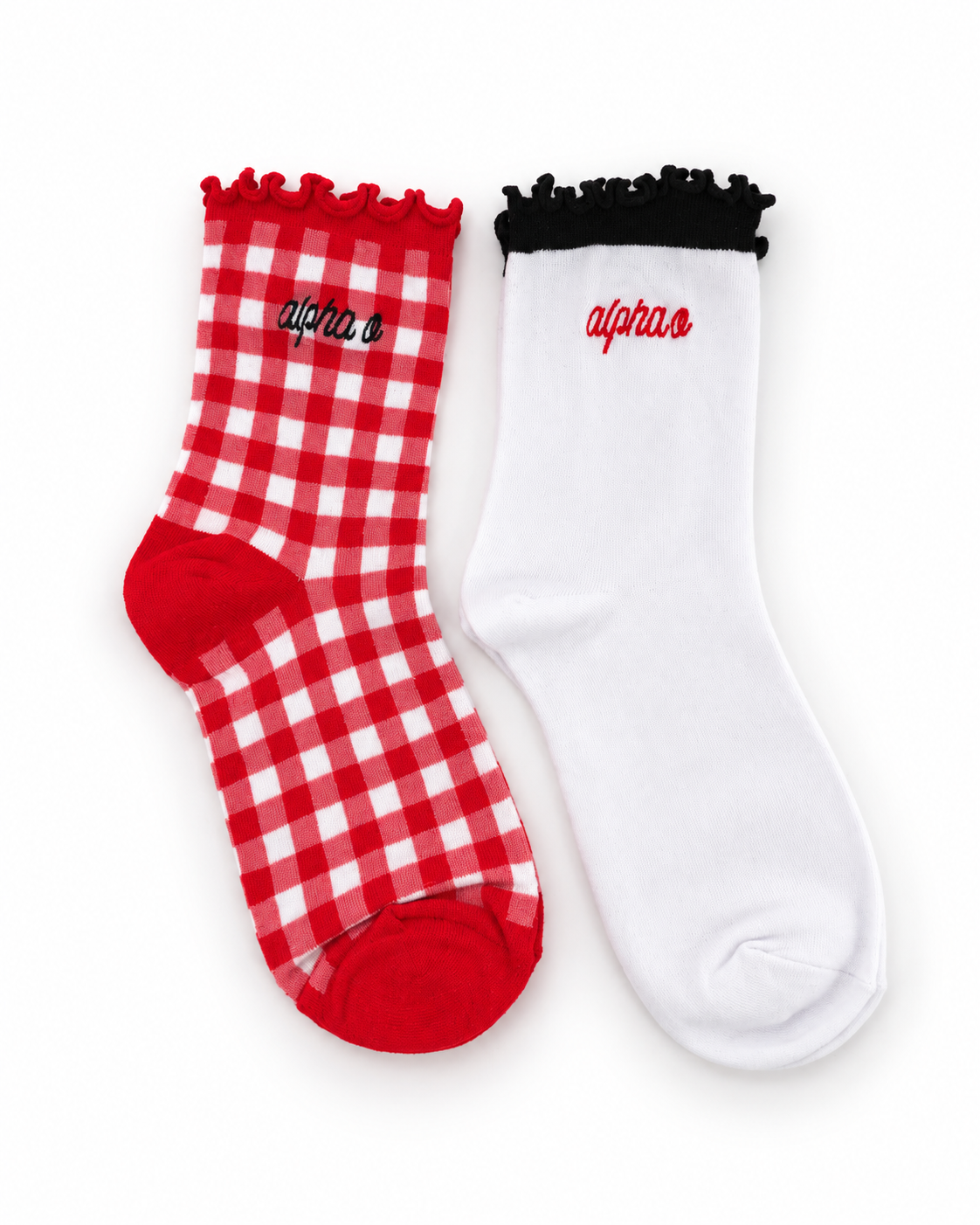 Alpha Omicron Pi Gingham & Grace sorority sock set with gingham and white ruffle socks featuring embroidered Alpha Omicron Pi lettering.