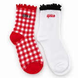 Alpha Omicron Pi Gingham & Grace sorority sock set with gingham and white ruffle socks featuring embroidered Alpha Omicron Pi lettering.