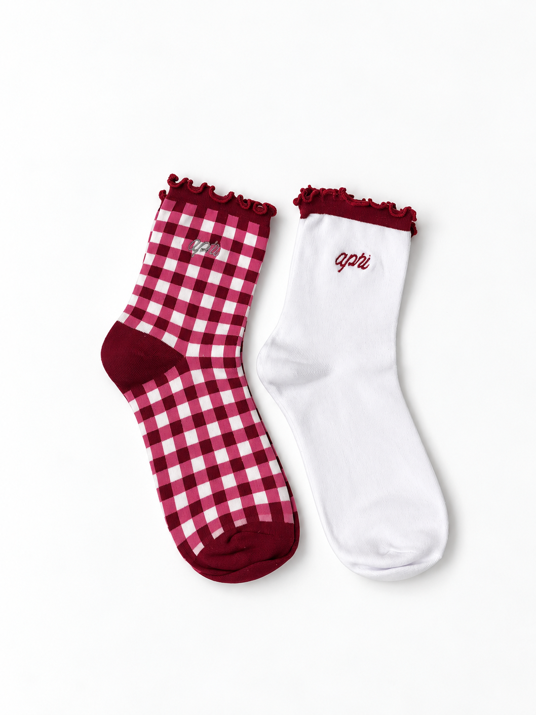 Alpha Phi Gingham & Grace sorority sock set with gingham and white ruffle socks featuring embroidered Alpha Phi lettering.