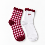 Alpha Phi Gingham & Grace sorority sock set with gingham and white ruffle socks featuring embroidered Alpha Phi lettering.