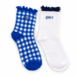 Alpha Xi Delta Gingham & Grace sorority sock set with gingham and white ruffle socks featuring embroidered Alpha Xi Delta lettering.