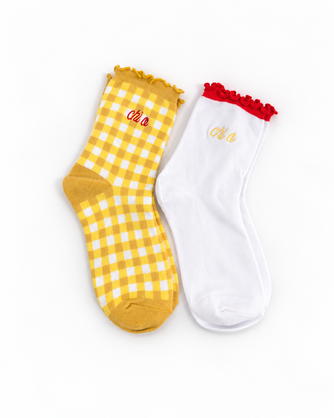 Chi Omega Gingham & Grace sorority sock set with gingham and white ruffle socks featuring embroidered Chi Omega lettering.
