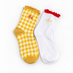 Chi Omega Gingham & Grace sorority sock set with gingham and white ruffle socks featuring embroidered Chi Omega lettering.