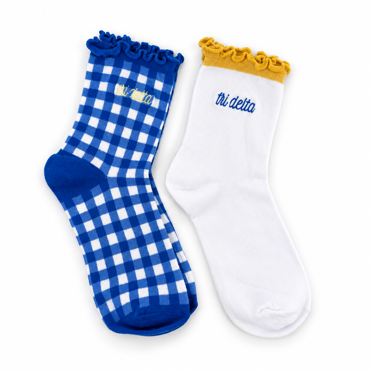 Delta Delta Delta Gingham & Grace sorority sock set with gingham and white ruffle socks featuring embroidered Tri Delta lettering.