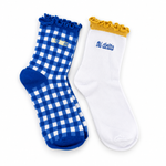 Delta Delta Delta Gingham & Grace sorority sock set with gingham and white ruffle socks featuring embroidered Tri Delta lettering.