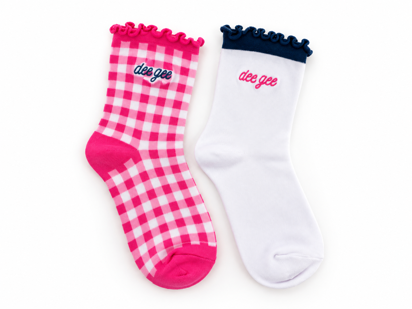 Delta Gamma Gingham & Grace sorority sock set with gingham and white ruffle socks featuring embroidered Delta Gamma lettering.