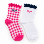 Delta Gamma Gingham & Grace sorority sock set with gingham and white ruffle socks featuring embroidered Delta Gamma lettering.