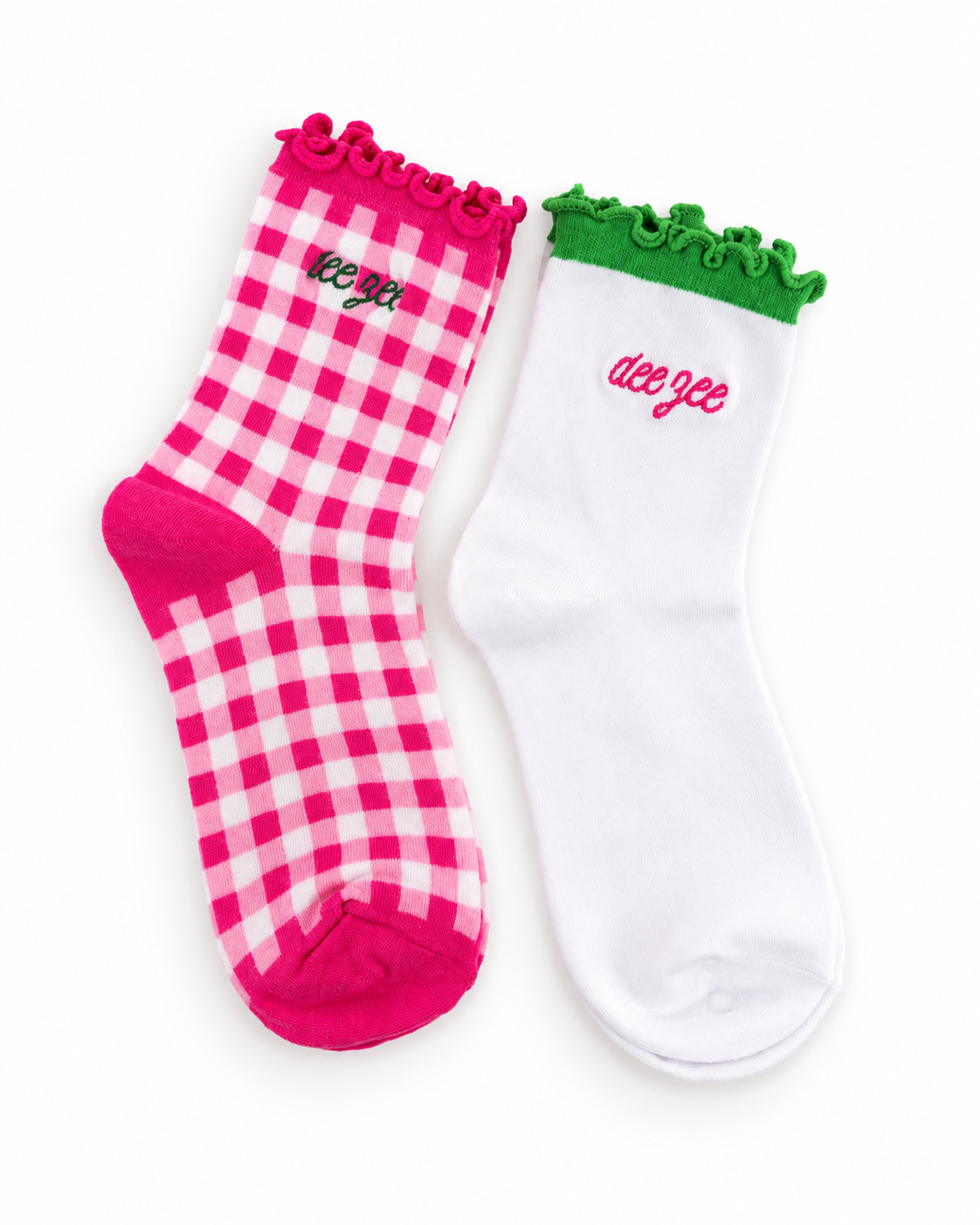 Delta Zeta Gingham & Grace sorority sock set with gingham and white ruffle socks featuring embroidered Delta Zeta lettering.