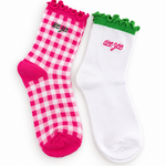 Delta Zeta Gingham & Grace sorority sock set with gingham and white ruffle socks featuring embroidered Delta Zeta lettering.