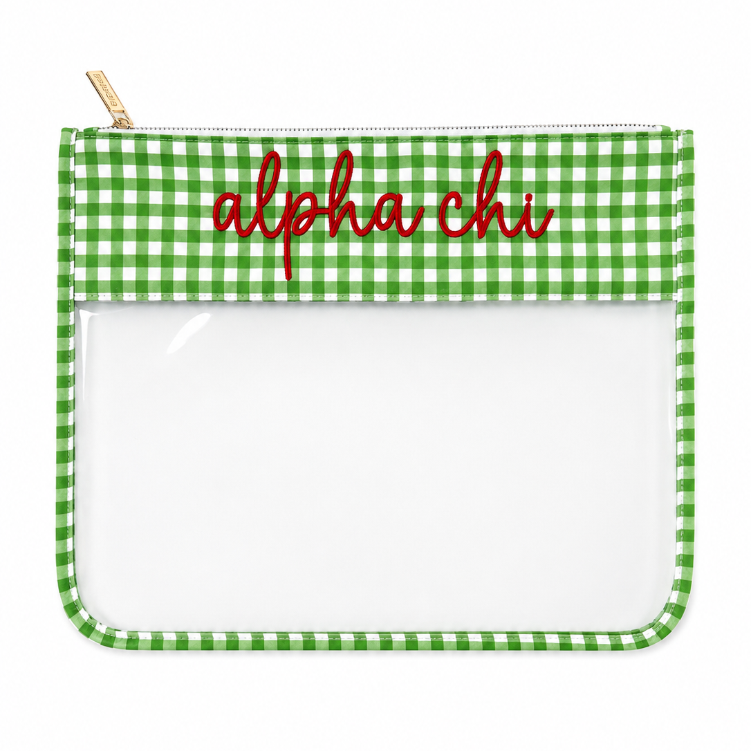 Alpha Chi Omega gingham clear sorority project bag with zip closure and embroidered lettering