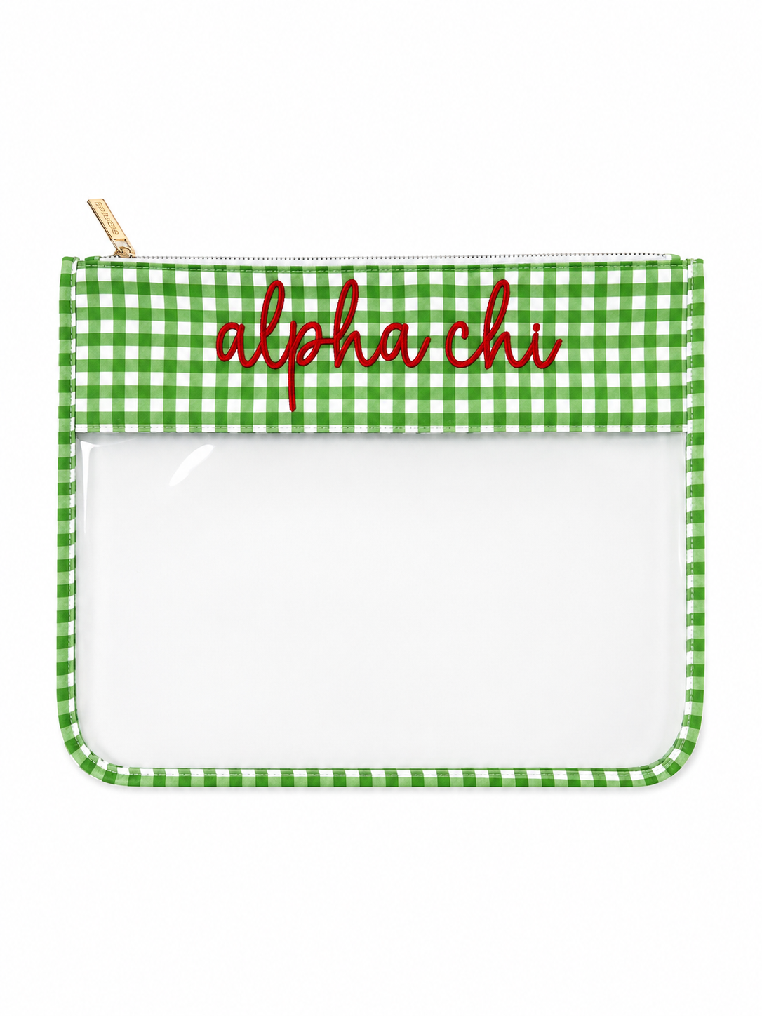 Alpha Chi Omega gingham clear sorority project bag with zip closure and embroidered lettering