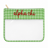 Alpha Chi Omega gingham clear sorority project bag with zip closure and embroidered lettering