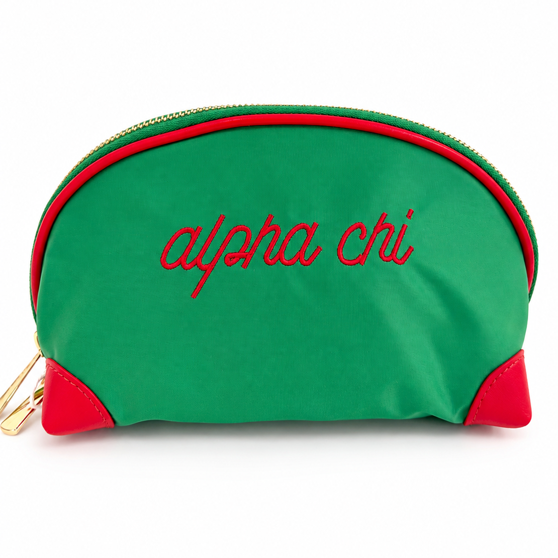 Alpha Chi Omega nylon makeup bag with embroidered AXO sorority letters