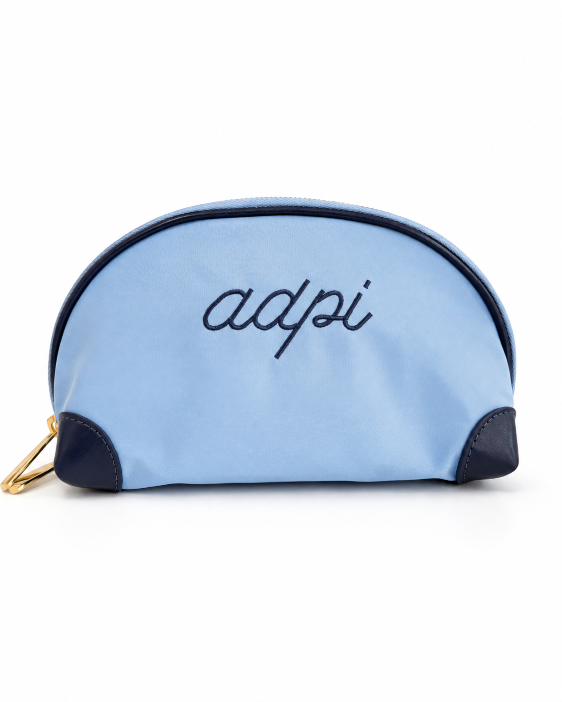 blue Alpha Delta Pi nylon makeup bag with embroidered ADPi letters