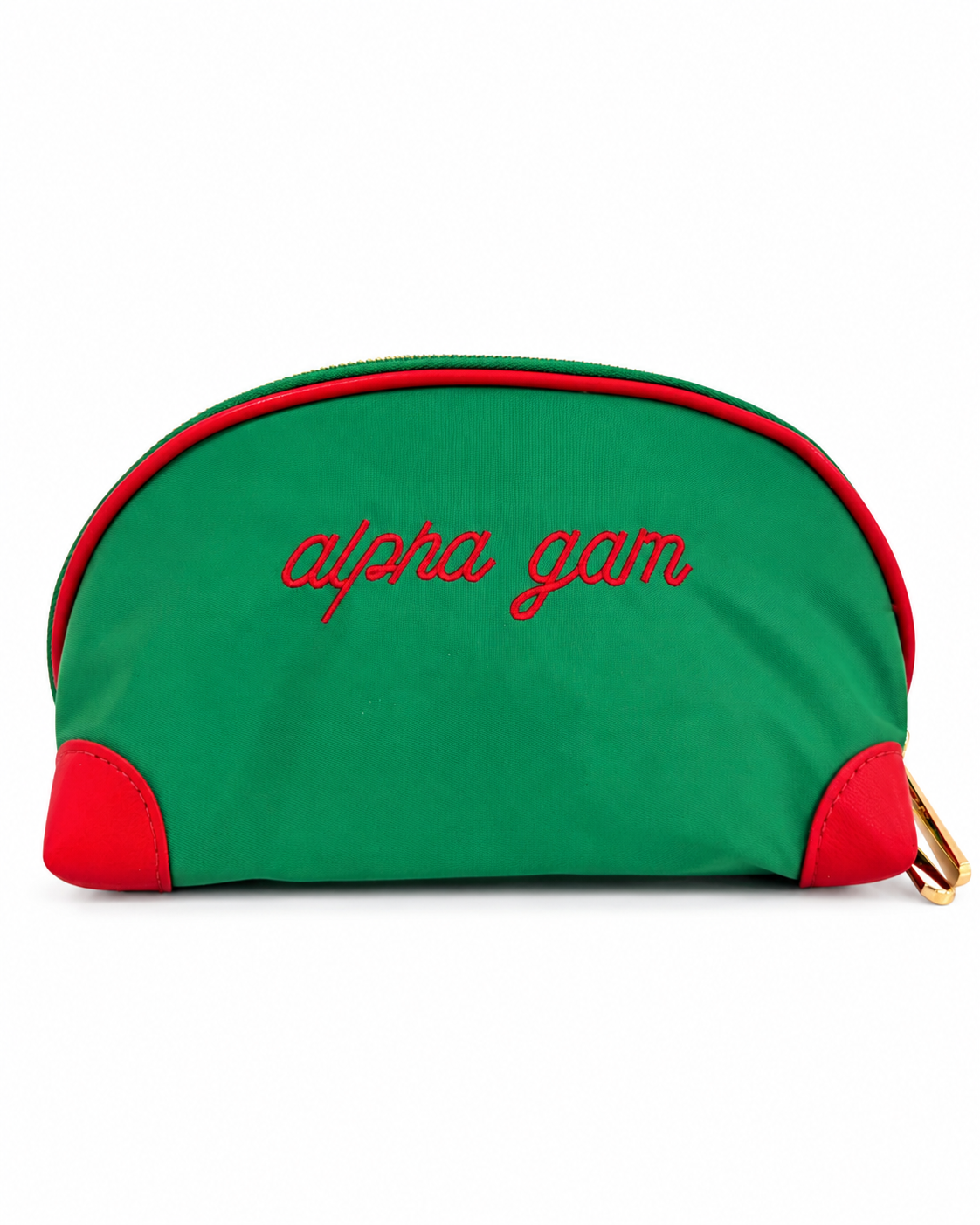  Green Alpha Gamma Delta nylon makeup bag with red embroidered sorority lettering
