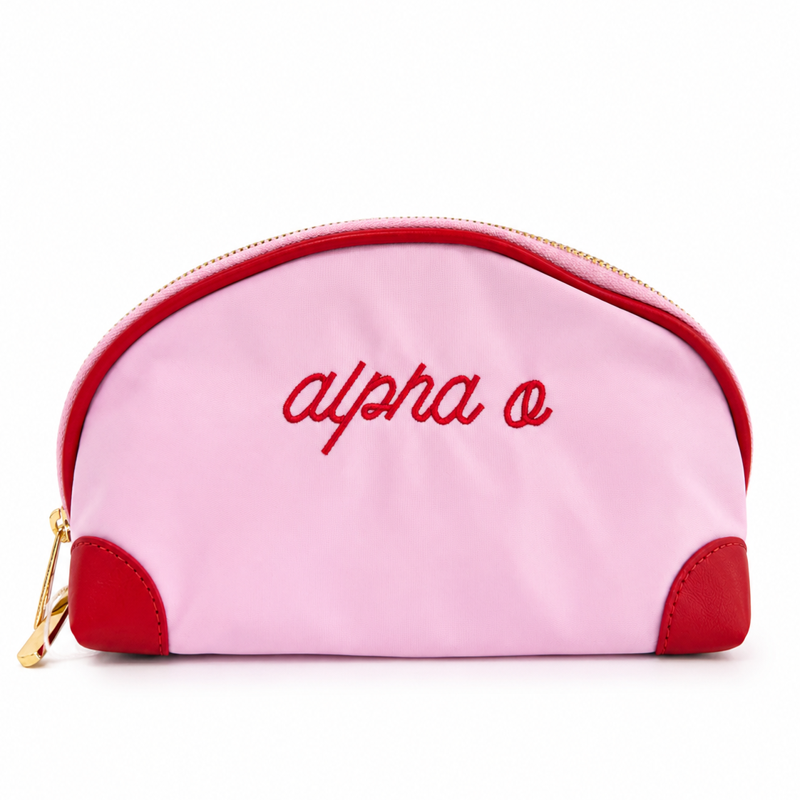 Pink Alpha Omicron Pi nylon makeup bag with red embroidered AOII lettering