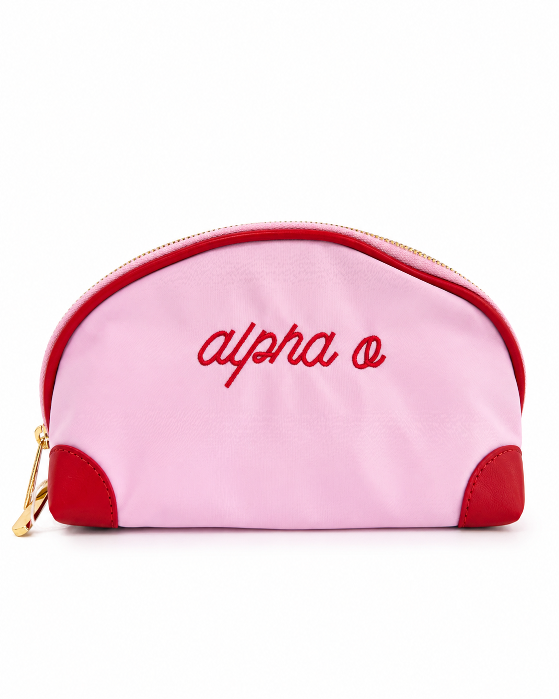 Pink Alpha Omicron Pi nylon makeup bag with red embroidered AOII lettering