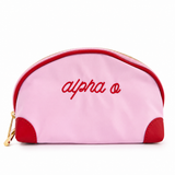 Pink Alpha Omicron Pi nylon makeup bag with red embroidered AOII lettering