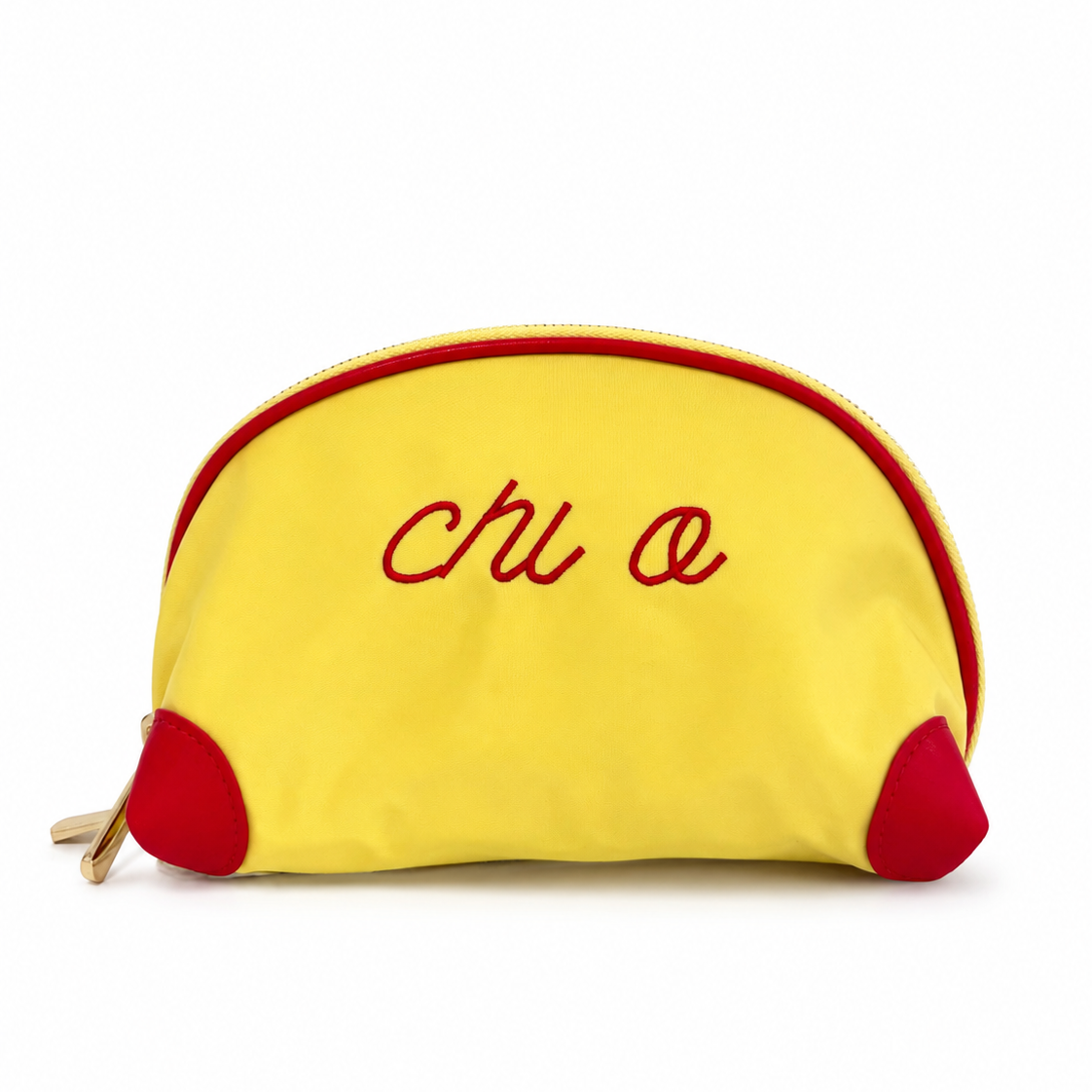 yellow Chi Omega nylon makeup bag with embroidered red Chi O sorority letters
