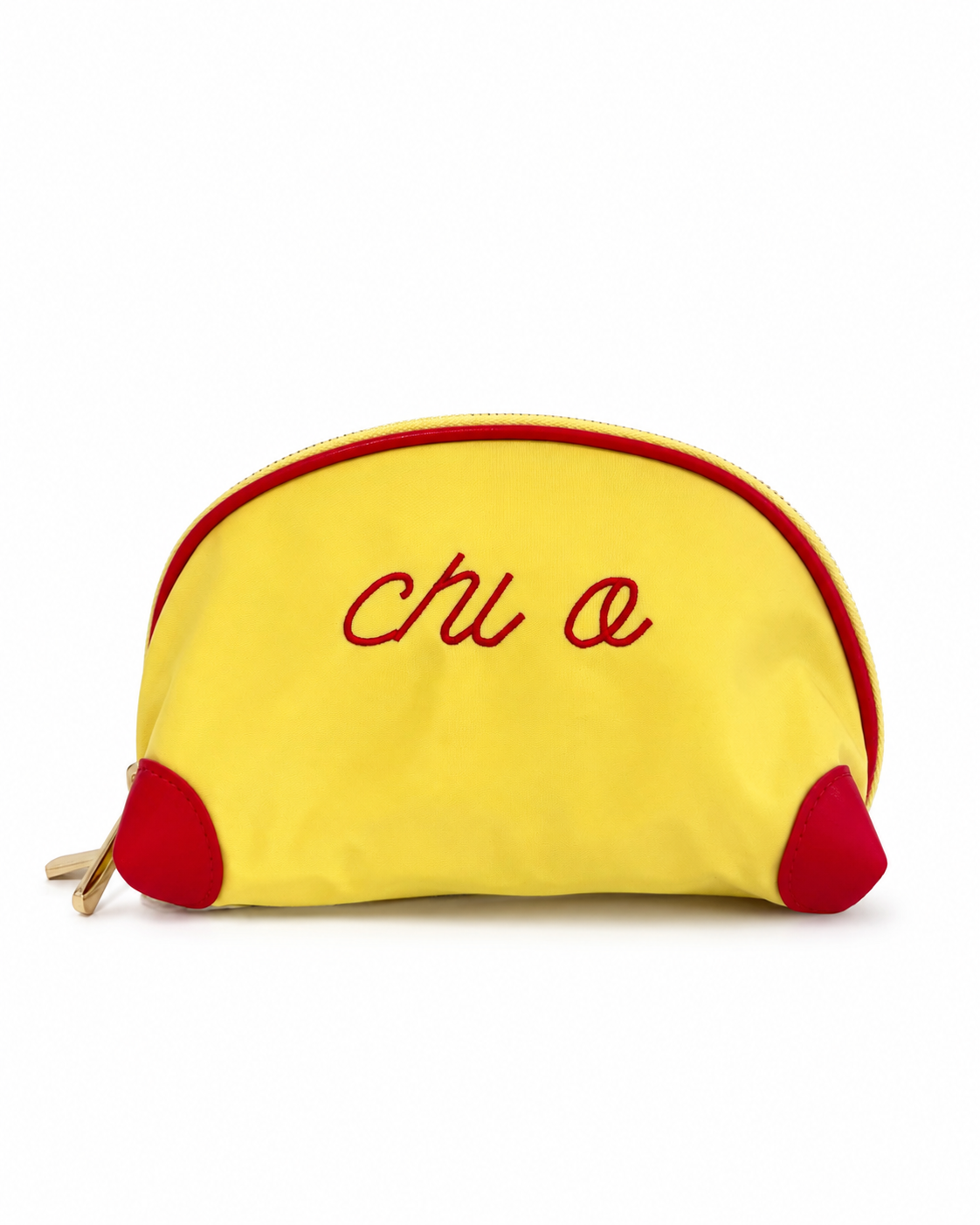 yellow Chi Omega nylon makeup bag with embroidered red Chi O sorority letters