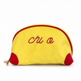 yellow Chi Omega nylon makeup bag with embroidered red Chi O sorority letters