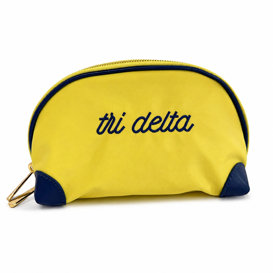 Yellow Delta Delta Delta Tri Delta nylon sorority makeup bag with blue embroidery