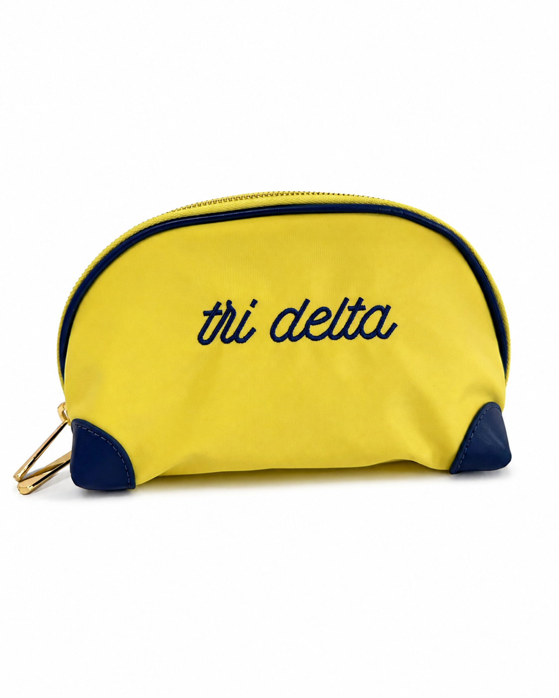 Yellow Delta Delta Delta Tri Delta nylon sorority makeup bag with blue embroidery