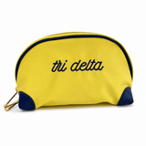 Yellow Delta Delta Delta Tri Delta nylon sorority makeup bag with blue embroidery