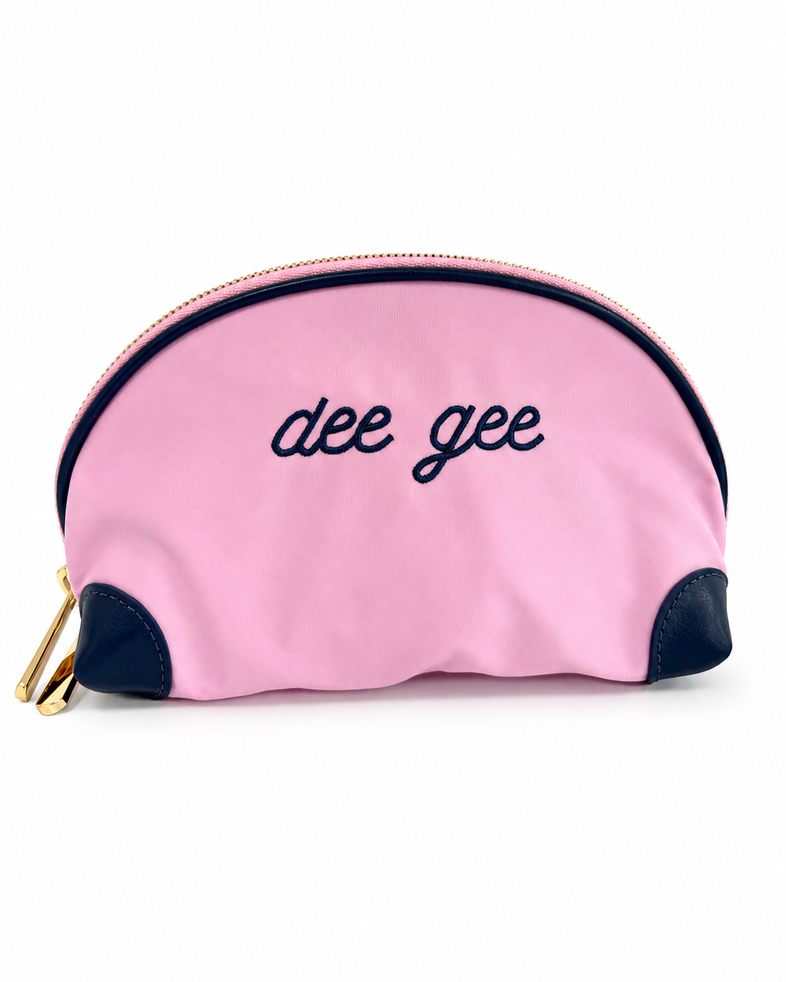 Delta Gamma nylon makeup bag with embroidered DG sorority lettering
