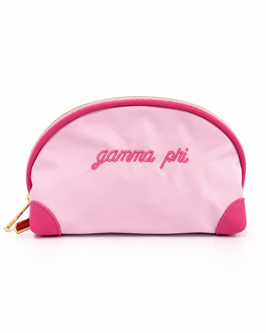 Light pink Gamma Phi Beta nylon makeup bag with embroidered sorority lettering in dark pink