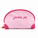 Light pink Gamma Phi Beta nylon makeup bag with embroidered sorority lettering in dark pink
